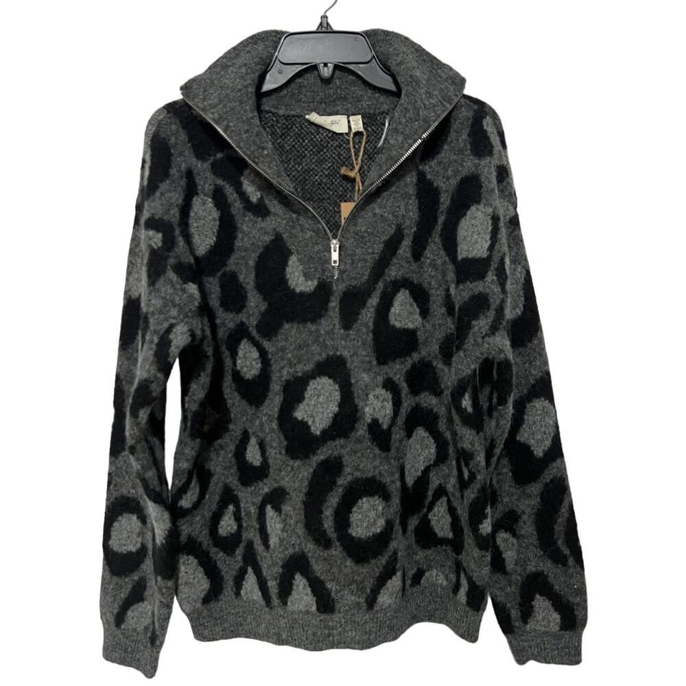 RD Style Womens Pullover Sweater Medium Gray Black Leopard Animal Print 1/4 Zip